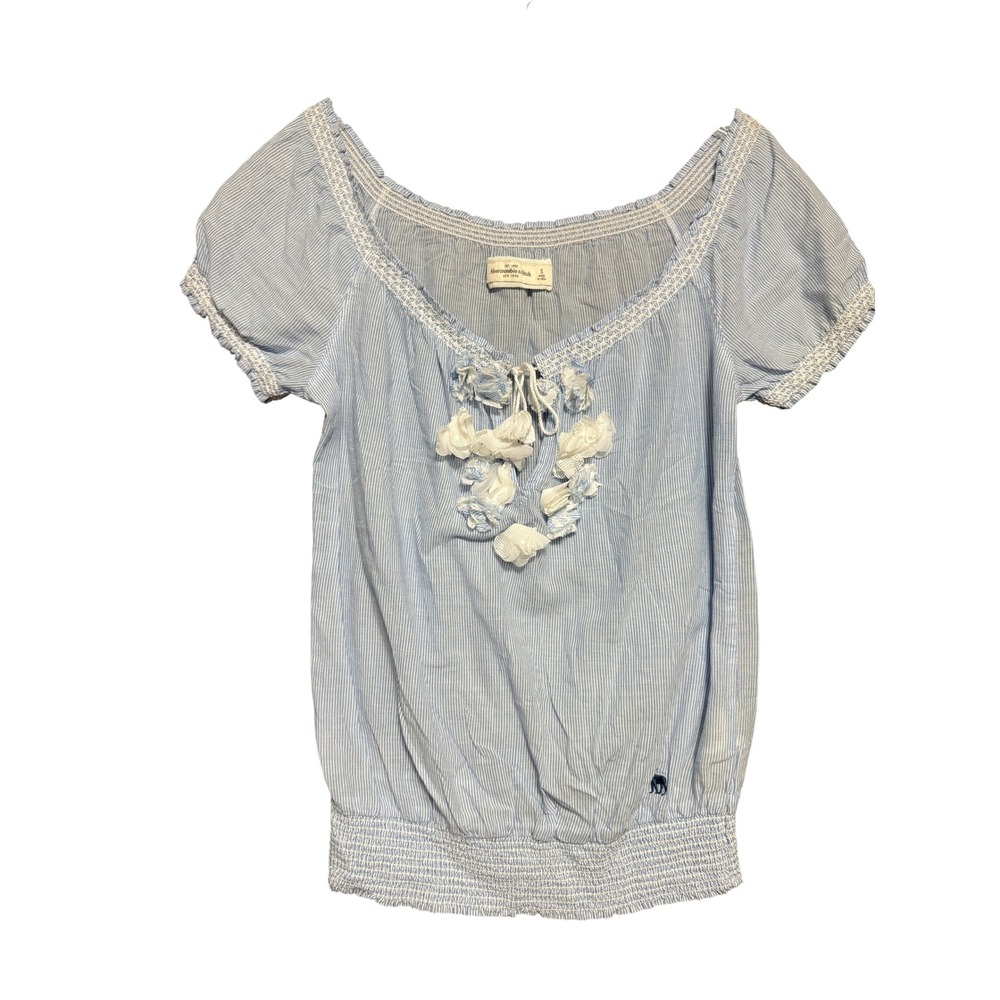 Abercrombie & Fitch Peasant Top Womens S Blue White Stripe Floral Coquette Y2K